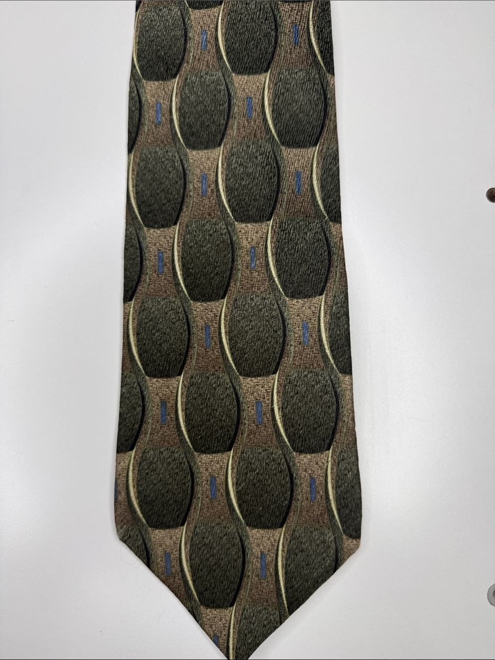 Vintage Men's Olive Geometric Silk-Blend Tie